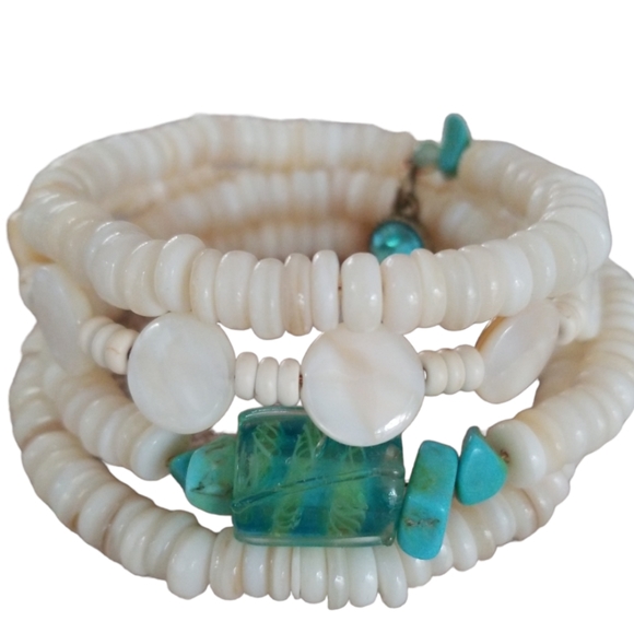 Hand Crafted Art Glass and Natural Shell Wrap Bracelet NWT - Picture 6 of 6